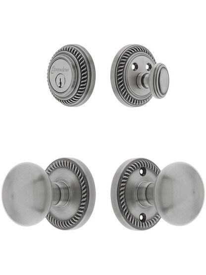 Grandeur Newport Entry Door Set, Keyed Alike with Round Brass Knobs in Antique Pewter.